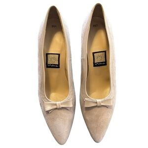 Nina Light Gray Suede Leather Bow Tie Pointed Toe Heels Pumps Office Size 9.5